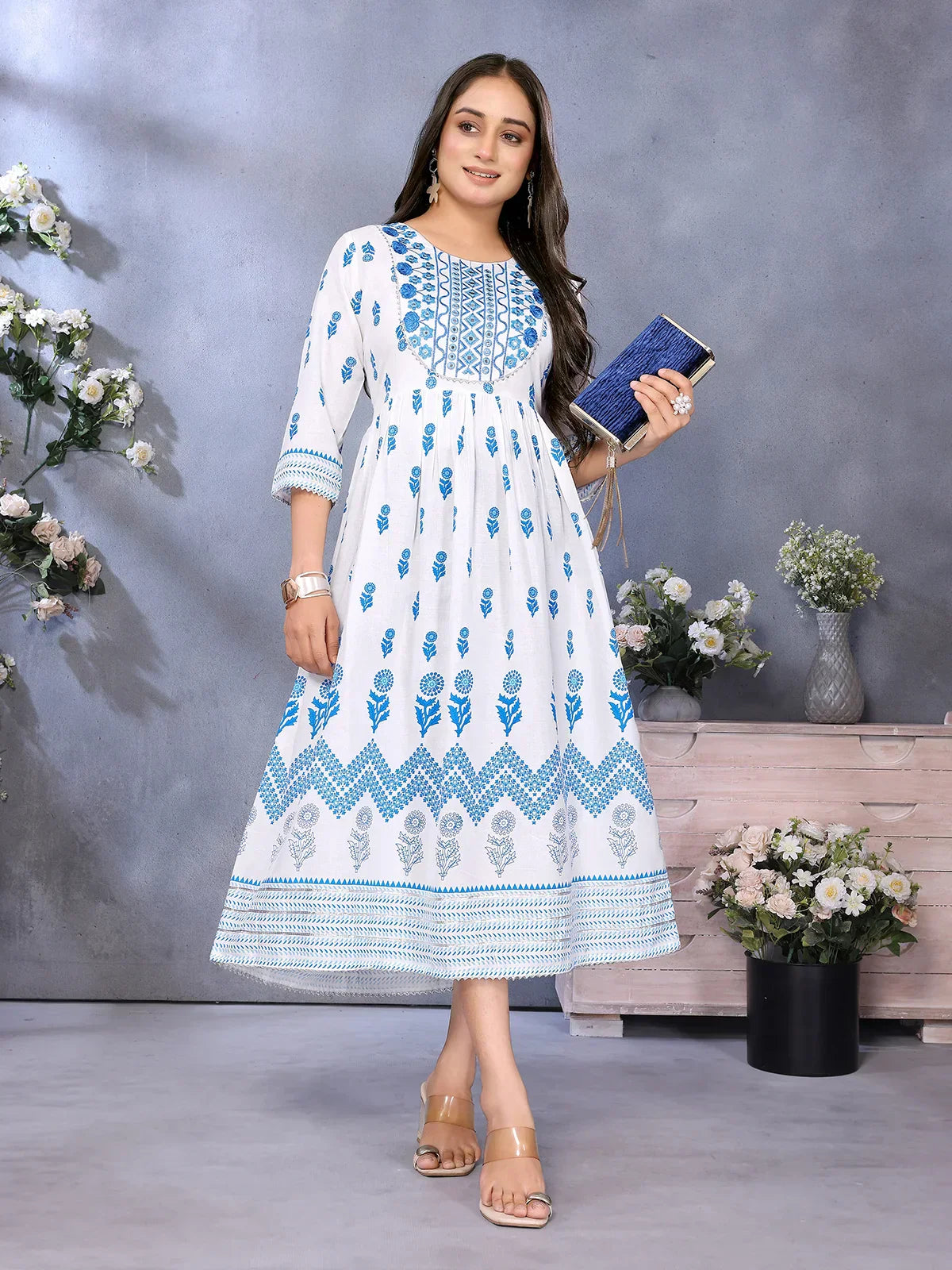 Rayon Embroidered Flared Calf Length Dress