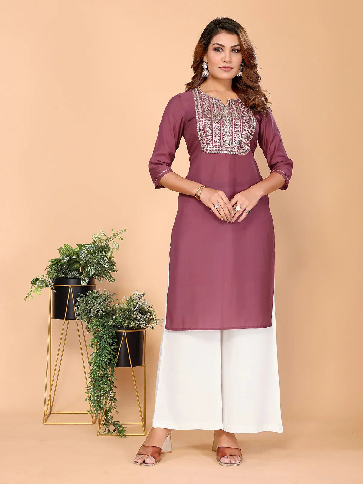 Viscose Poly Embroidered Straight Calf Length Kurta