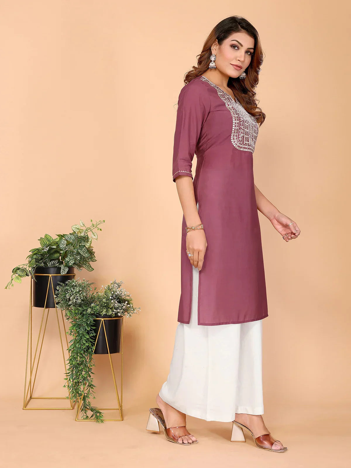 Viscose Poly Embroidered Straight Calf Length Kurta