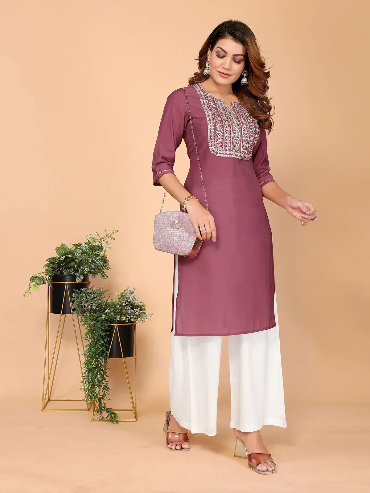 Viscose Poly Embroidered Straight Calf Length Kurta