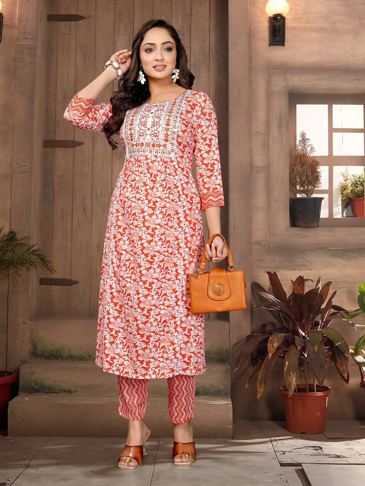 Rayon Embroidered Straight Calf Length Kurta with Pant