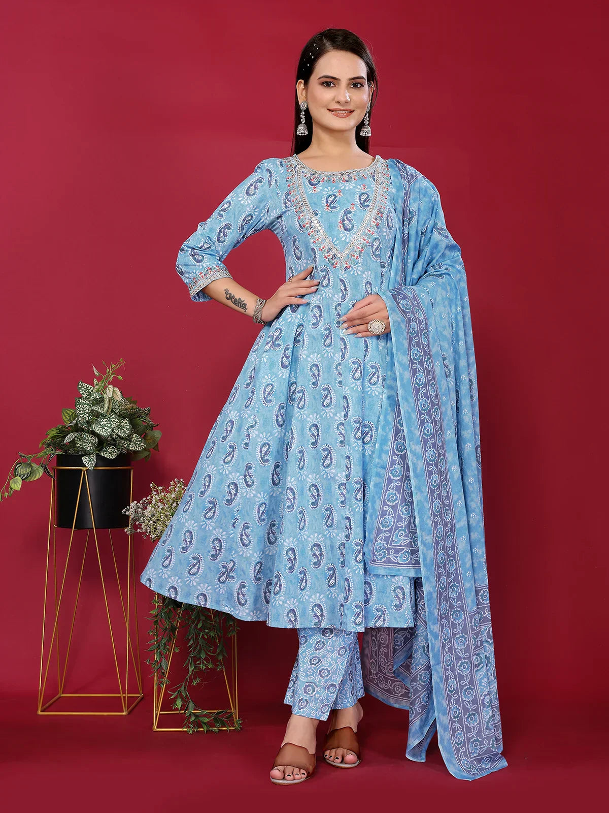 Cotton Embroidered Anarkali Calf Length Kurta with Pant and Dupatta