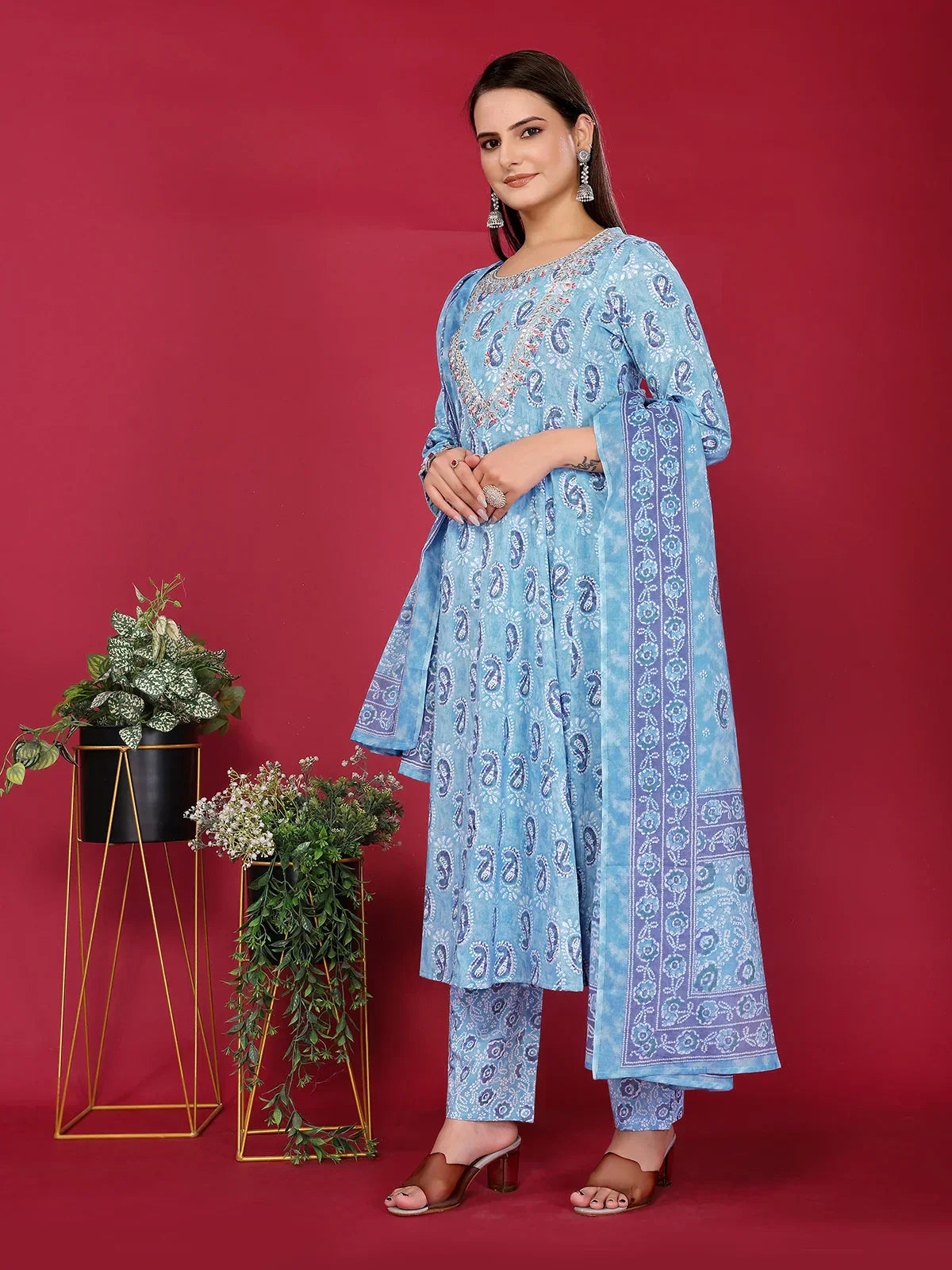 Cotton Embroidered Anarkali Calf Length Kurta with Pant and Dupatta