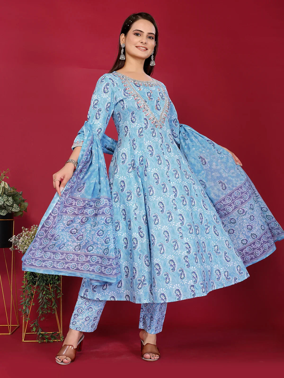 Cotton Embroidered Anarkali Calf Length Kurta with Pant and Dupatta