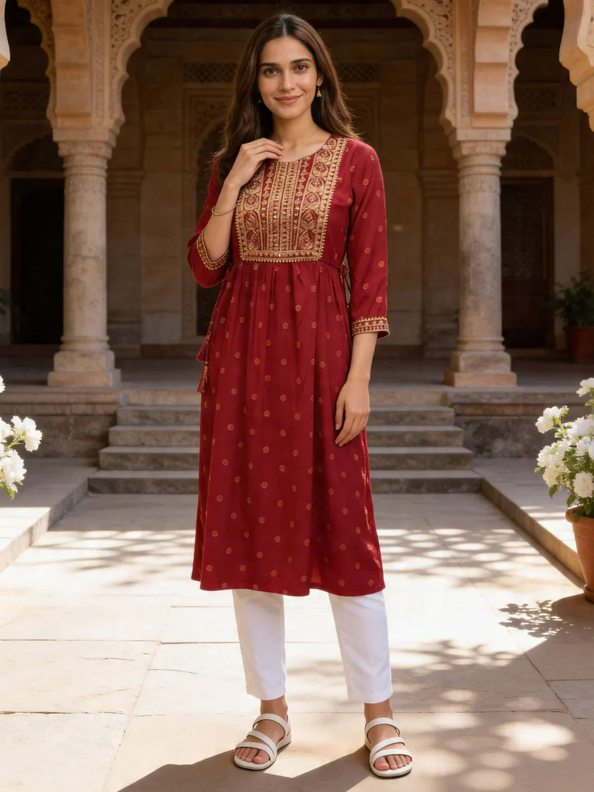 Rayon Embroidered Flared Knee Length Kurta