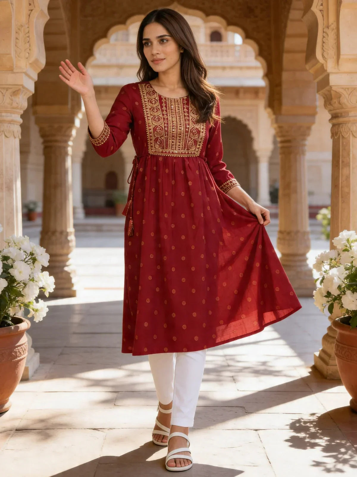 Rayon Embroidered Flared Knee Length Kurta
