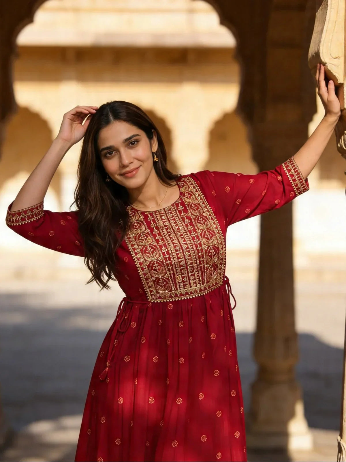 Rayon Embroidered Flared Knee Length Kurta